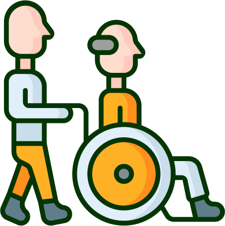 Attender pushing male old patient in a wheelchair